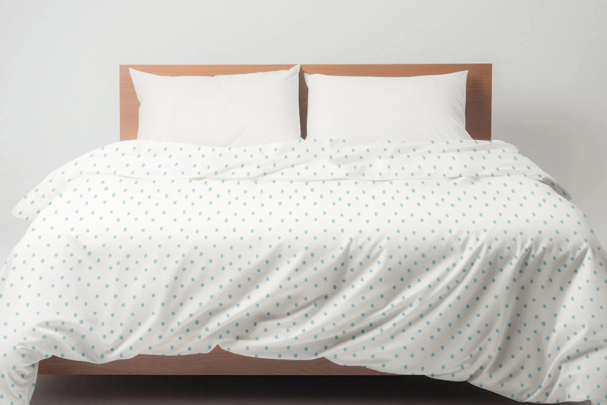 Petite Dots sheet set with a delicate aqua dot pattern on soft cream bedding.