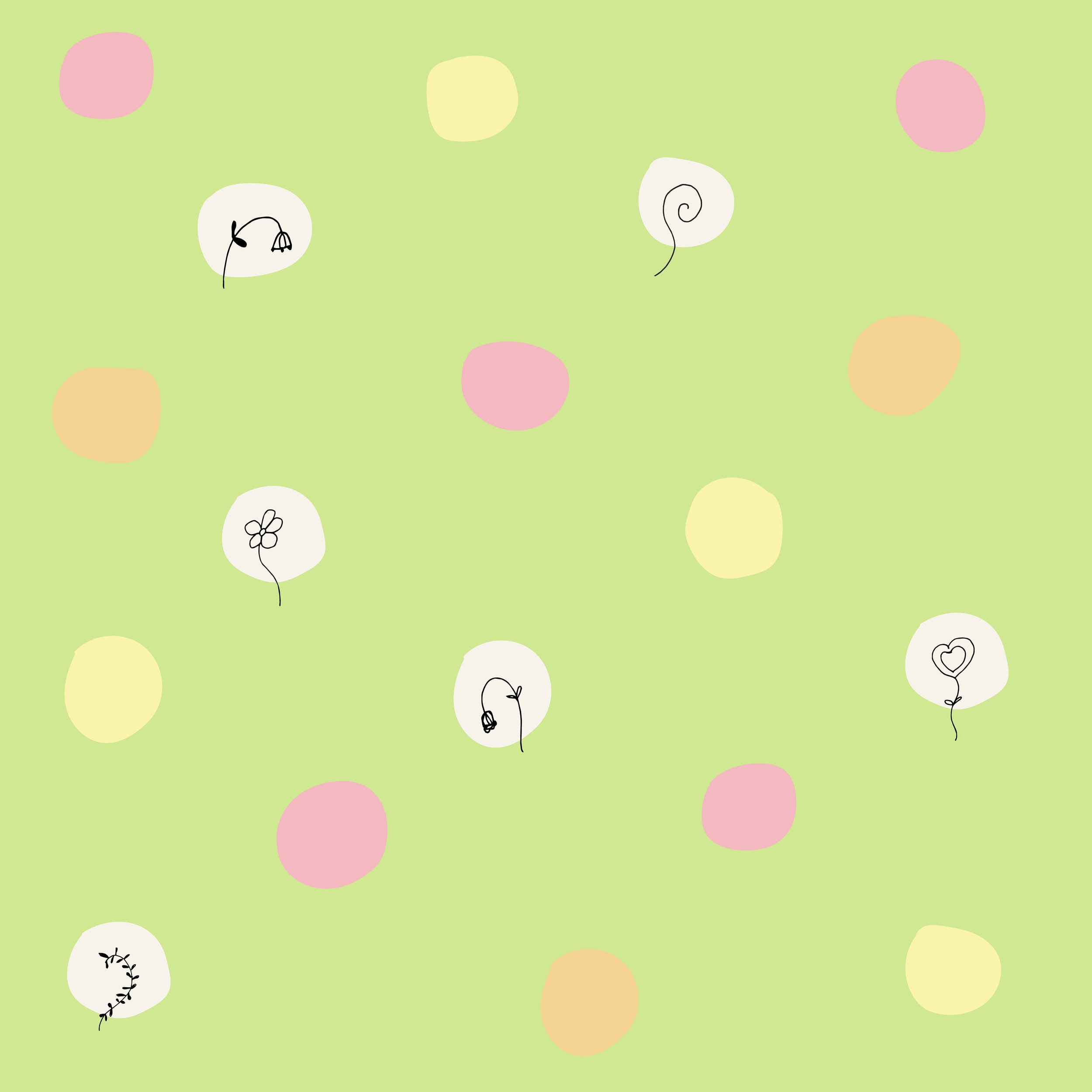 Flower Love pattern with playful pink, peach and yellow shapes and tiny flowers on a soft green background.