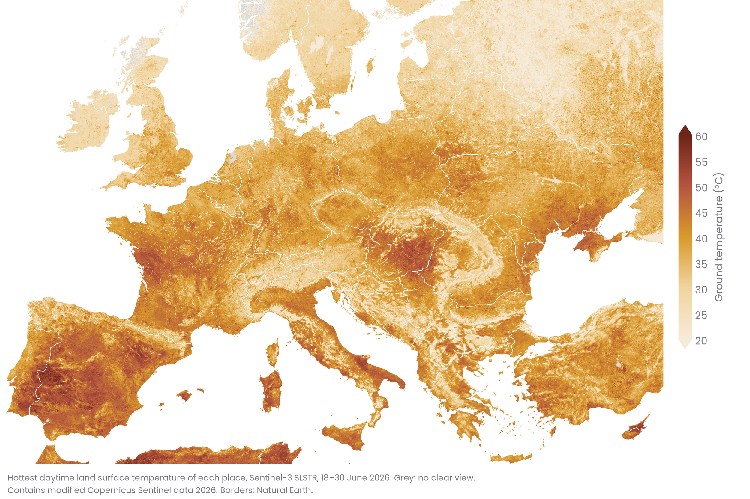 Map of Europe showing the hottest daytime land surface temperature per location, Sentinel-3 SLSTR data, 18 to 30 June 2026