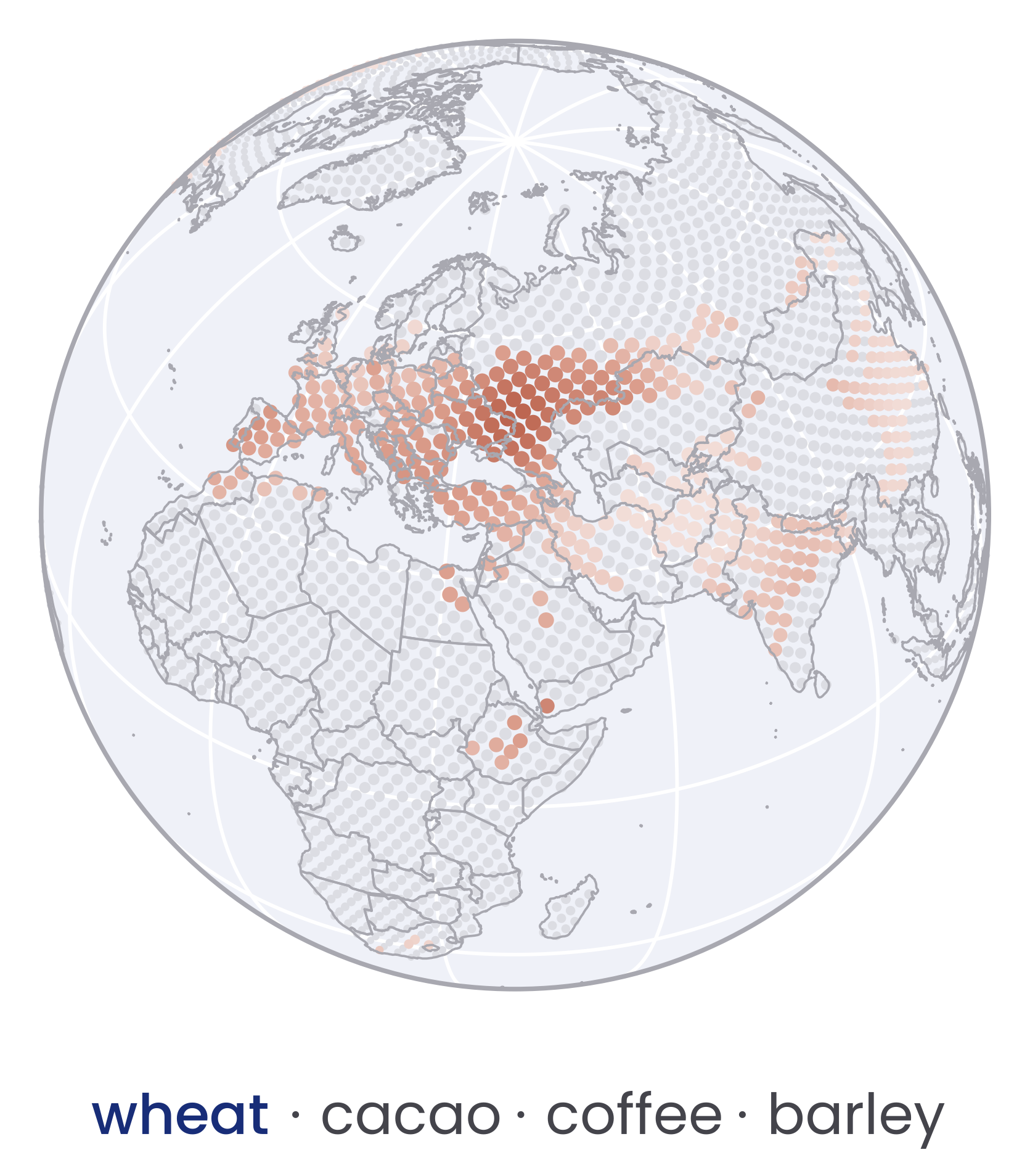 Globe of Europe, Africa and Asia with a grid of regional yield-shortfall risk, shown for wheat, cacao, coffee and barley