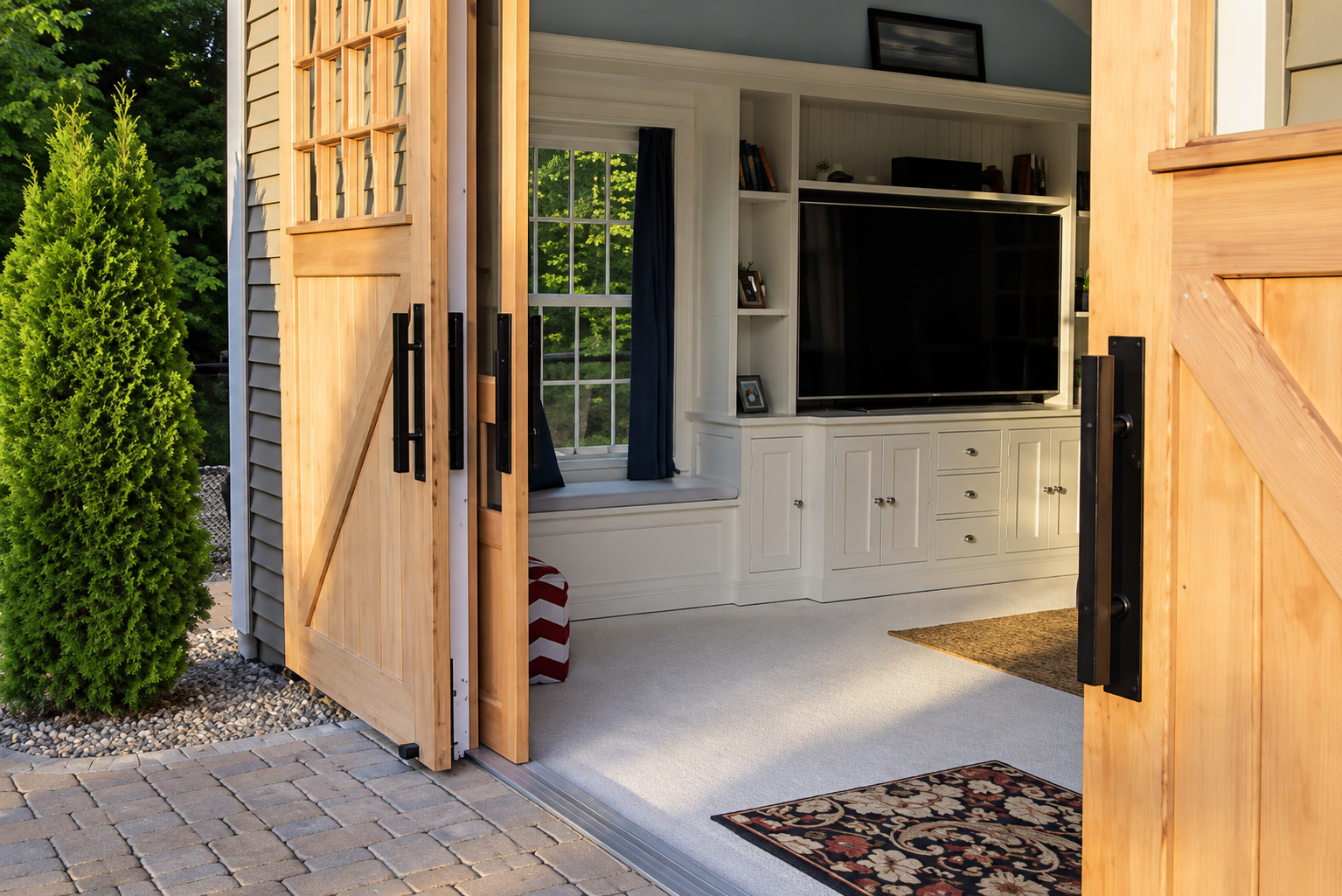 Open wooden barn doors revealing a living room with white built-in cabinetry, a flat-screen TV, a window with blue curtains, and decorative pillows, with outdoor greenery visible through the window.
