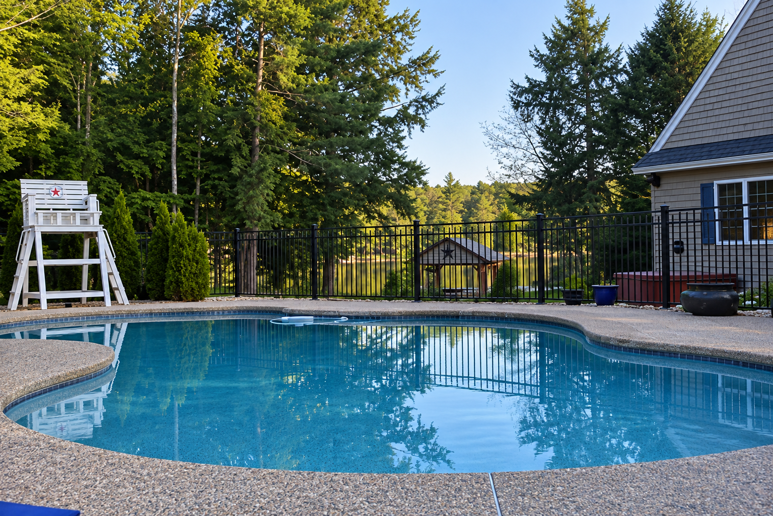 A backyard swimming pool surrounded by a concrete deck, enclosed by a black metal fence, with lush green trees and a small wooden gazebo in the background. There is a white lifeguard chair with a red star on it on the left side, and several potted pl
