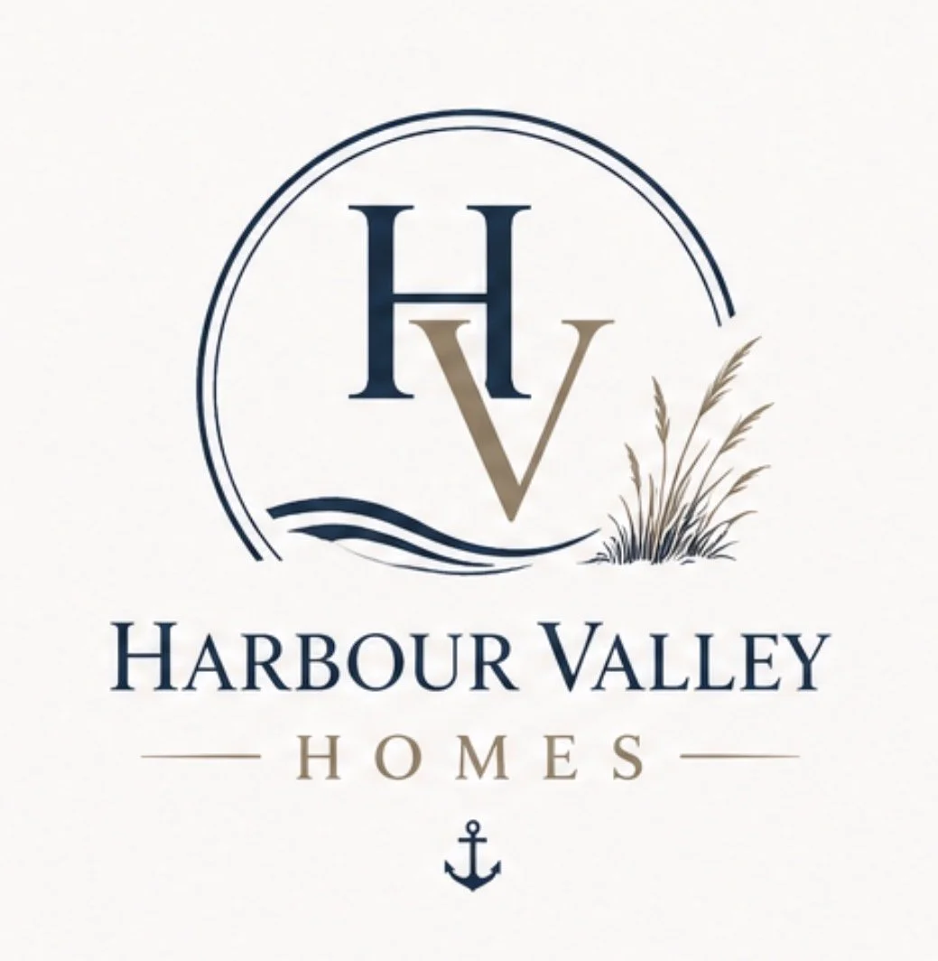 Logo for Harbour Valley Homes featuring stylized initials H and V, waves, grasses, and an anchor.