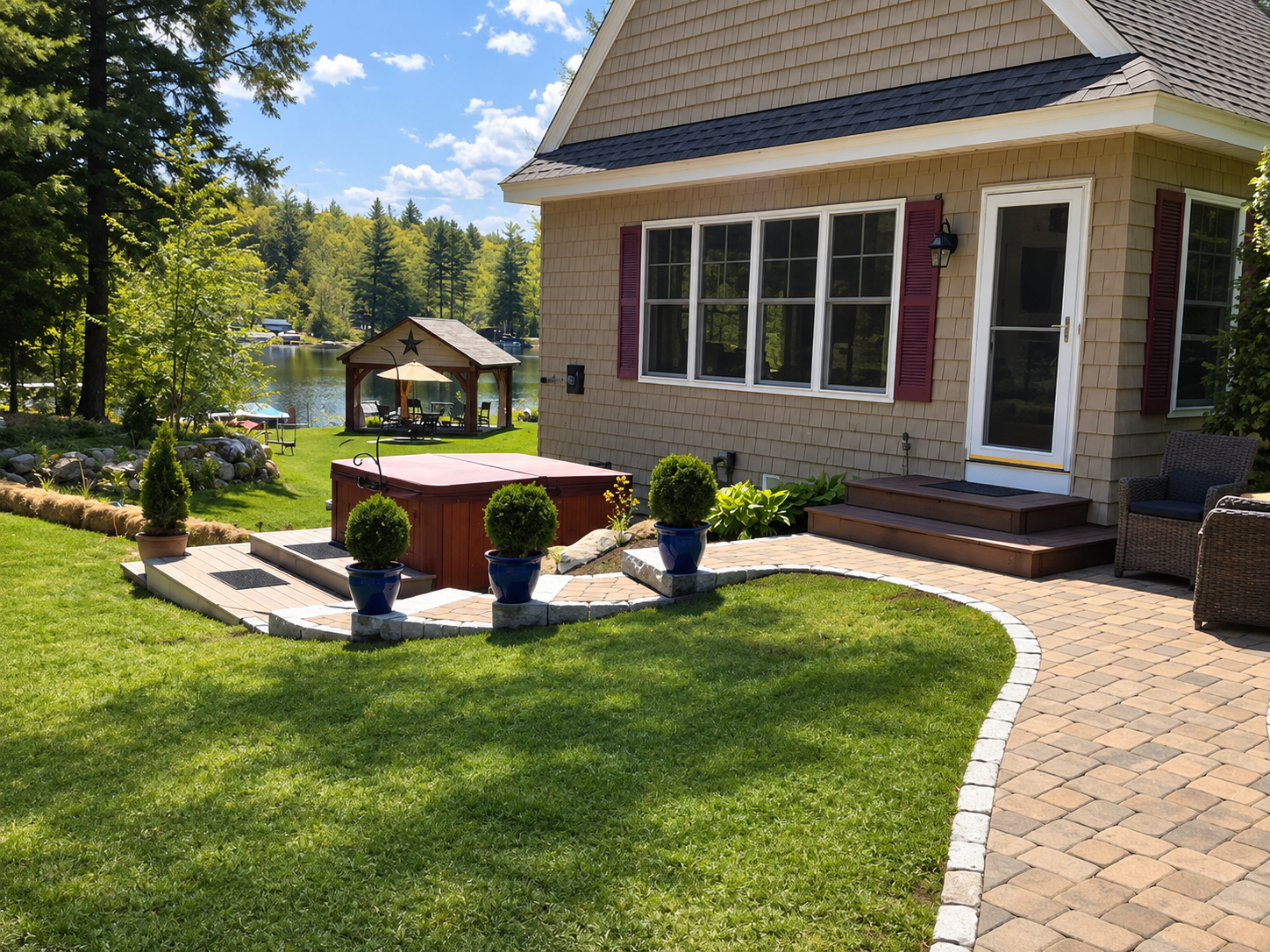 A backyard with a paved pathway, potted plants, and a hot tub in front of a house. There is a lake with trees and a boat house in the background.