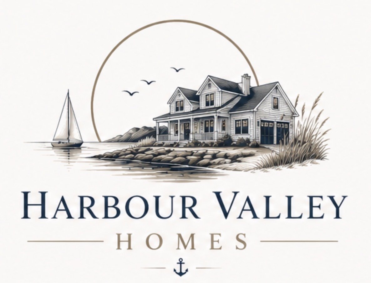 Logo for Harbour Valley Homes with an illustration of a house by the water with a sailboat, birds, and a sunset or sunrise, with the text "Harbour Valley Homes" and an anchor symbol.