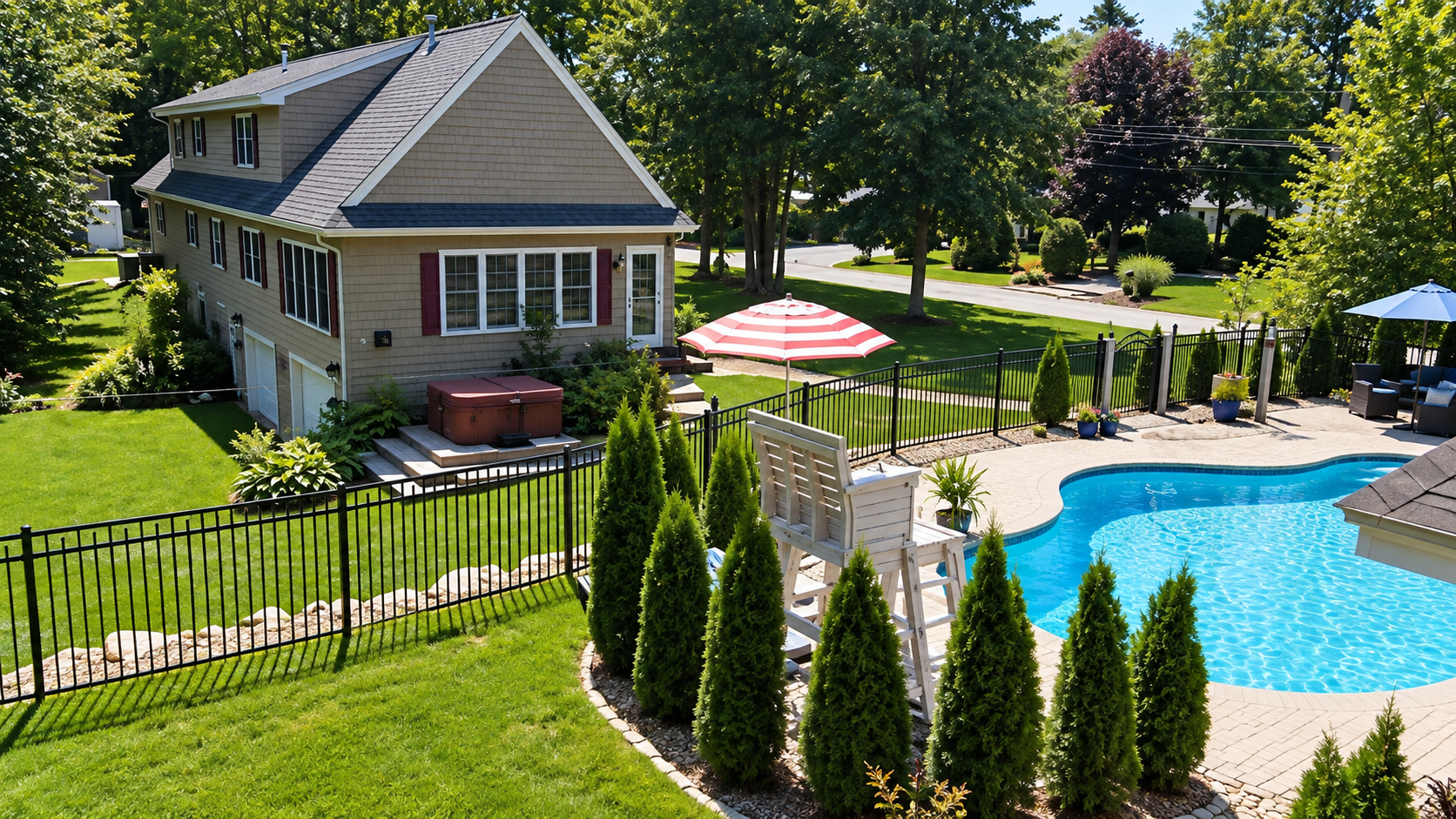 A backyard with a swimming pool, surrounded by a black metal fence, multiple potted plants, and outdoor seating with umbrellas. There is a house with beige siding and red shutters, trees, and a well-maintained lawn.