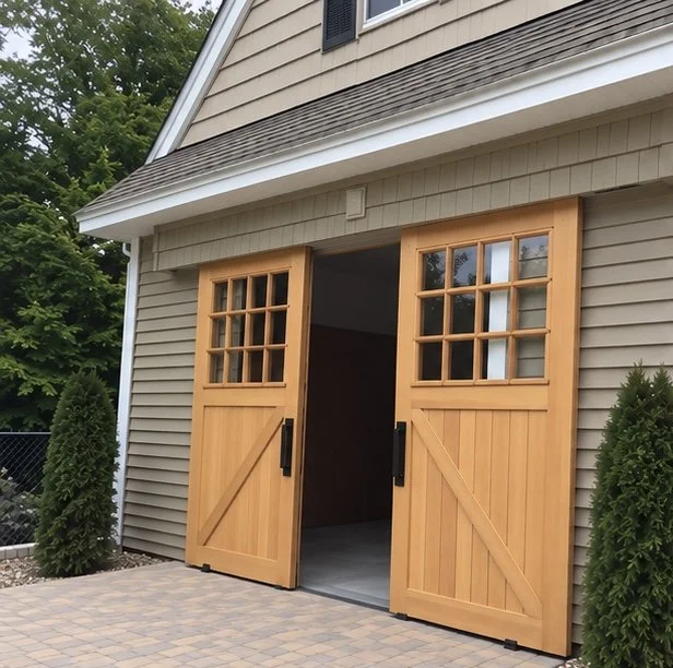 A set of double barn doors made of light-colored wood with window panes on the top half, installed on a beige house with gray siding. The doors are partly open, revealing a dark interior space, and are flanked by two green bushes. The area in front i