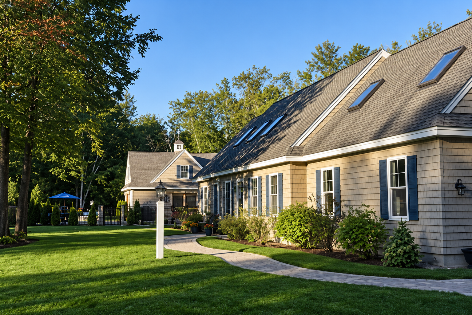 A well-maintained house with beige siding, black shutters, and large skylights, surrounded by green grass and trees under a clear blue sky.