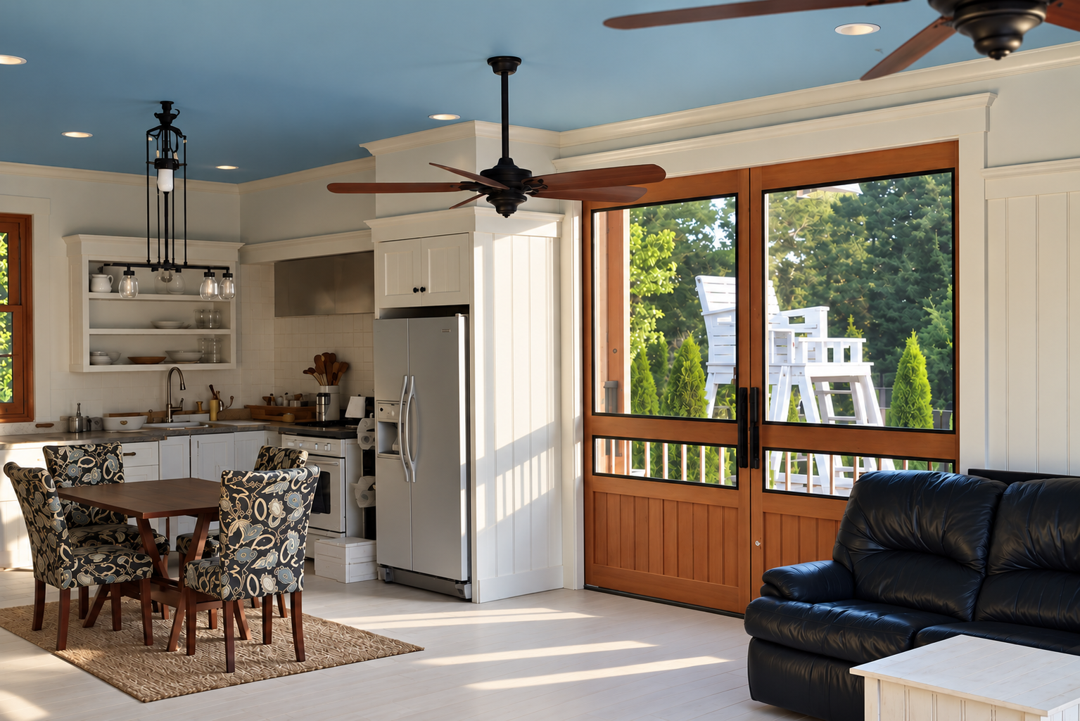 Living room with a kitchen area, dining table with four chairs, black leather sofa, and large sliding glass door leading outside to greenery and outdoor storage ladders.