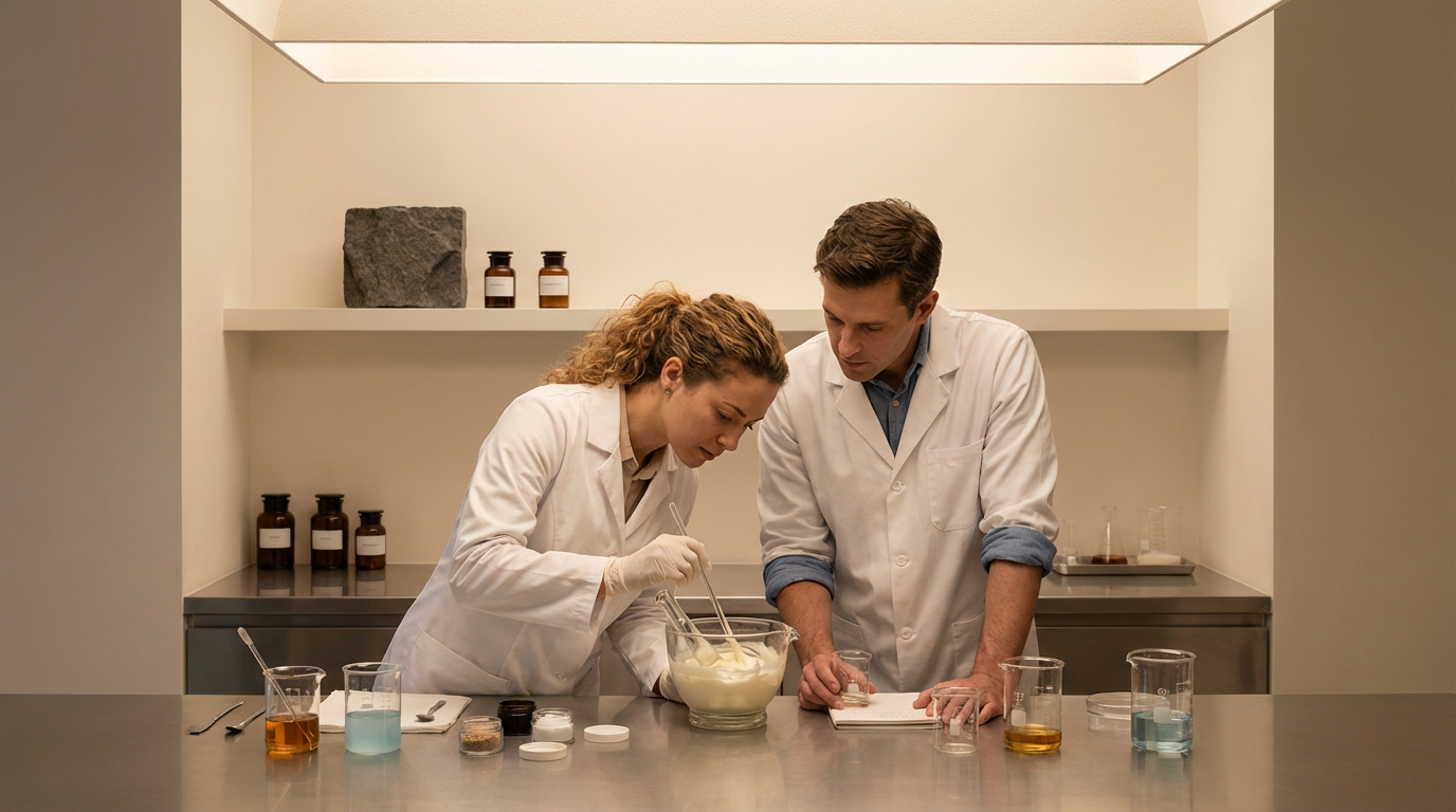 Two scientists in lab coats working together in a laboratory, stirring a white substance in a mixing bowl. Various beakers and jars with liquids and powders are on the table.