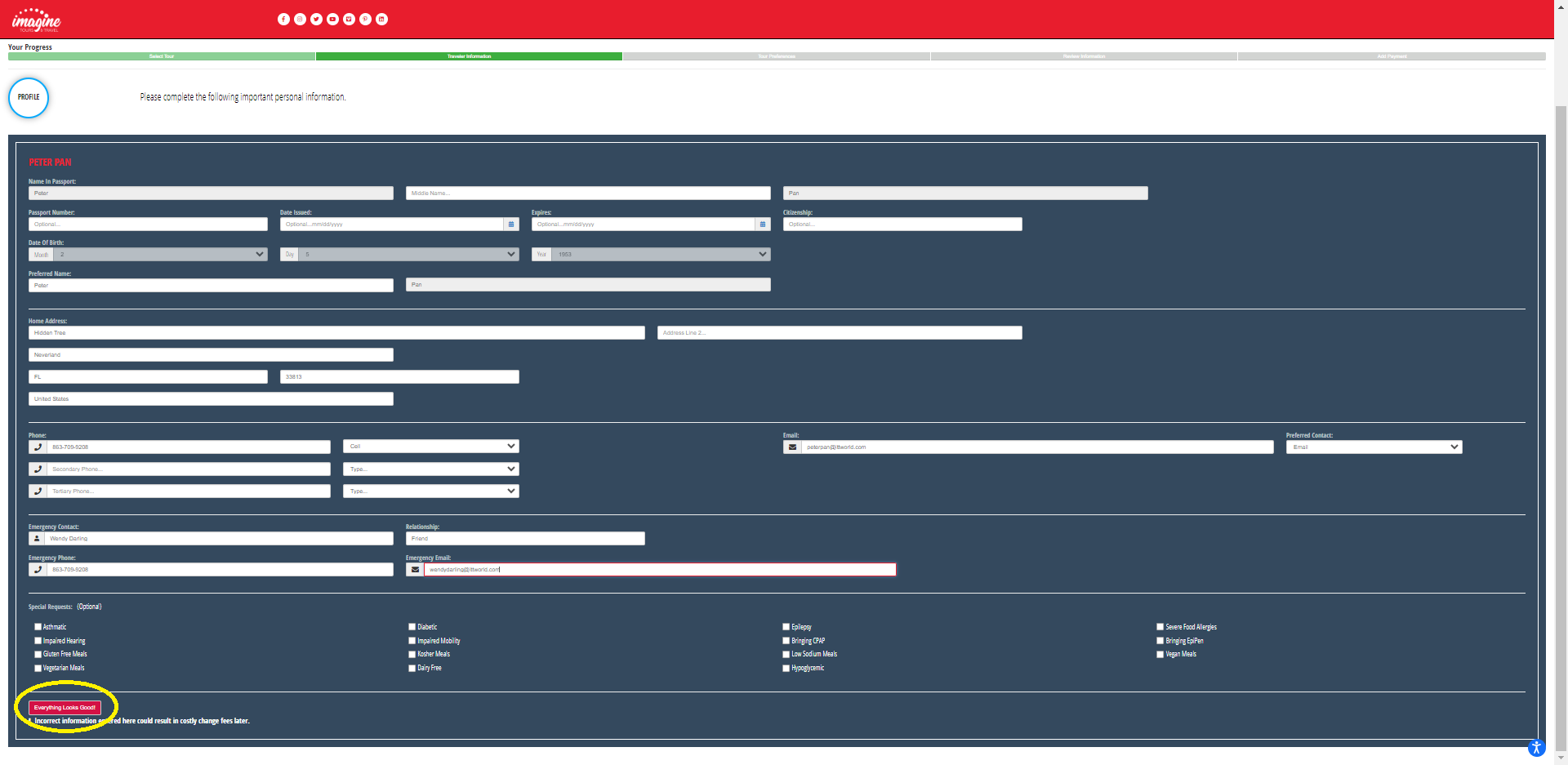 Form for traveler information