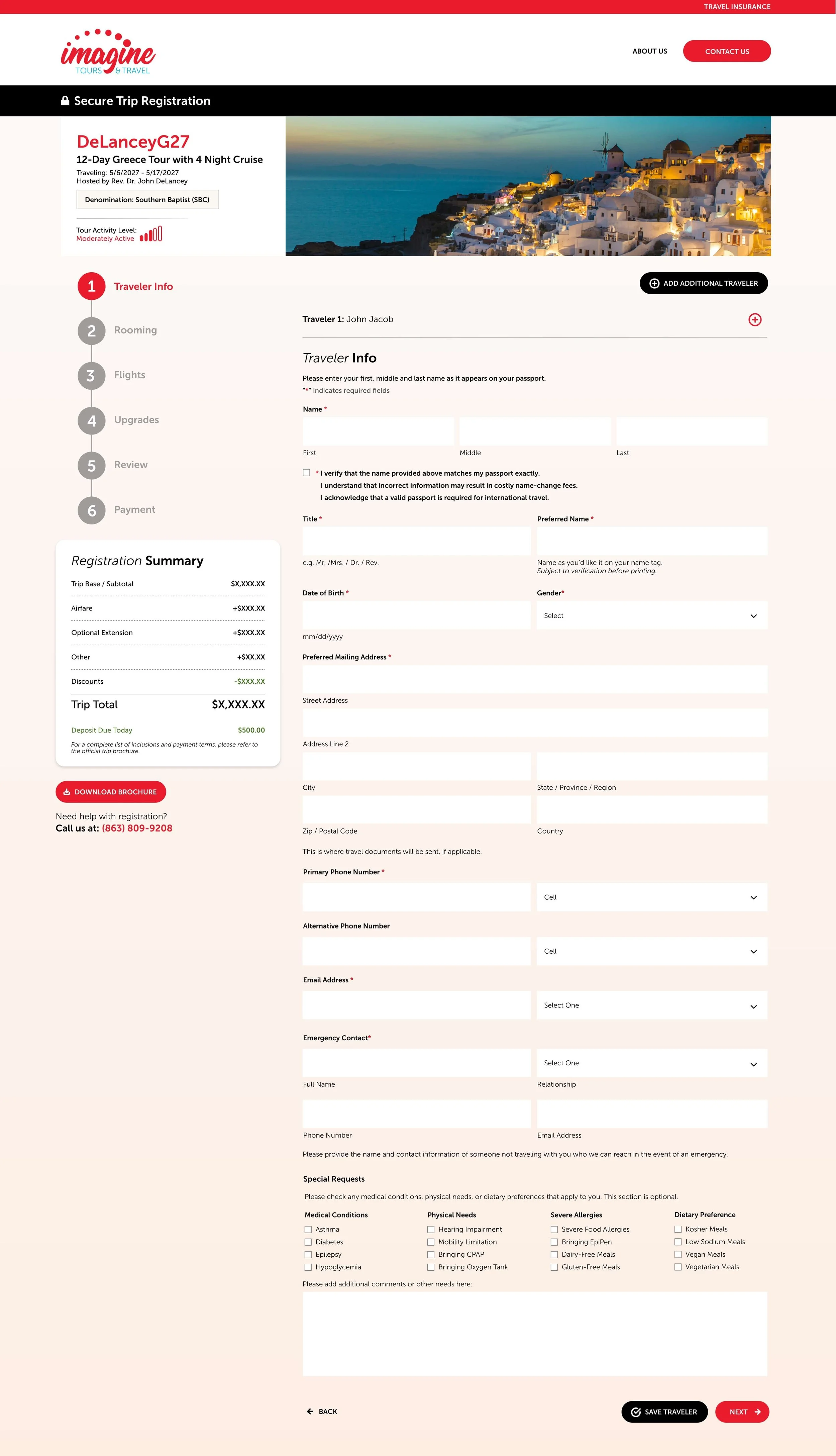 Image of traveler information on a registration website