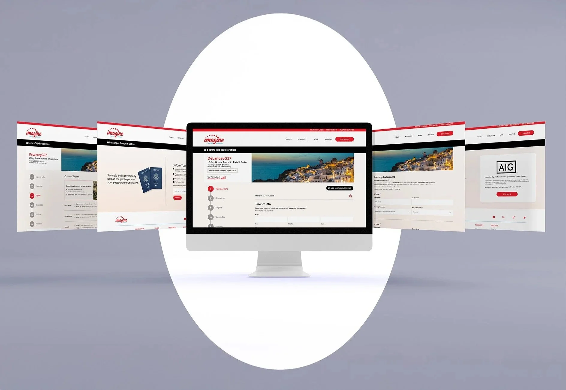 An image of 5 desktop screens of a registration website.
