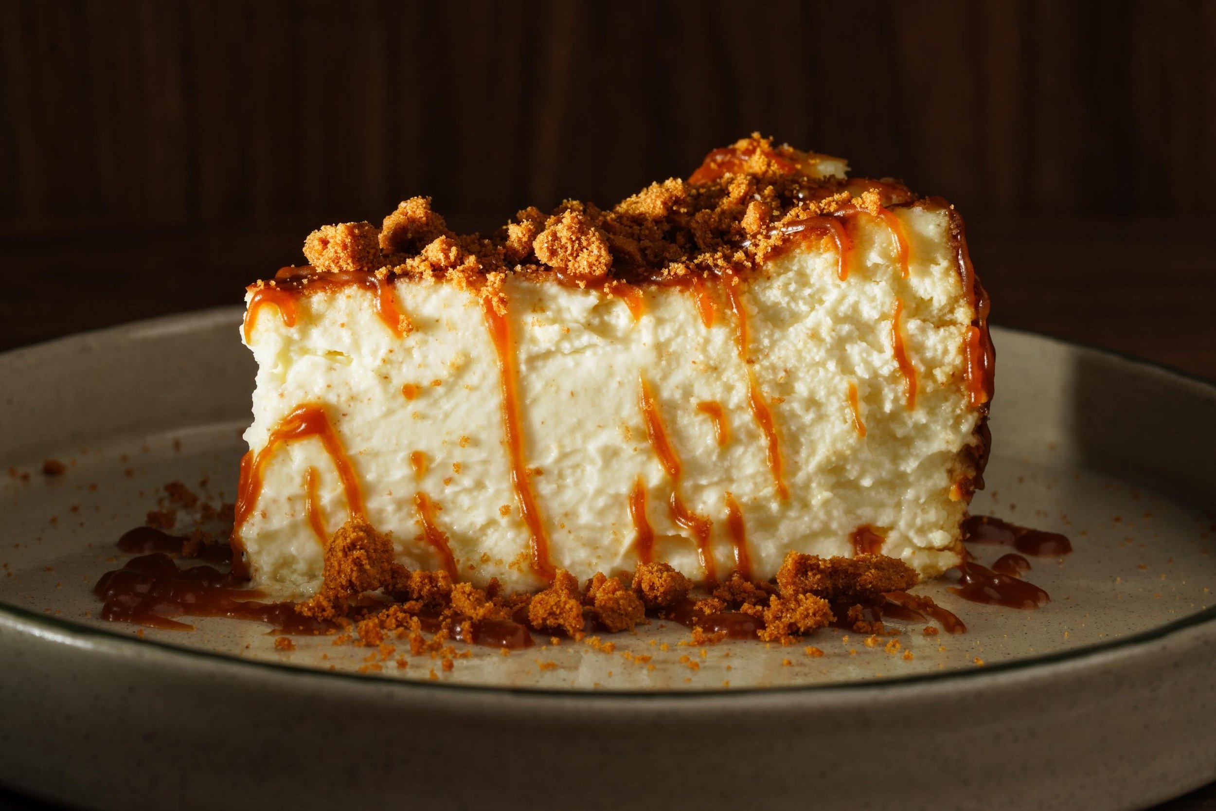 Slice of cheesecake topped with caramel sauce and crushed graham crackers, on a dark plate.