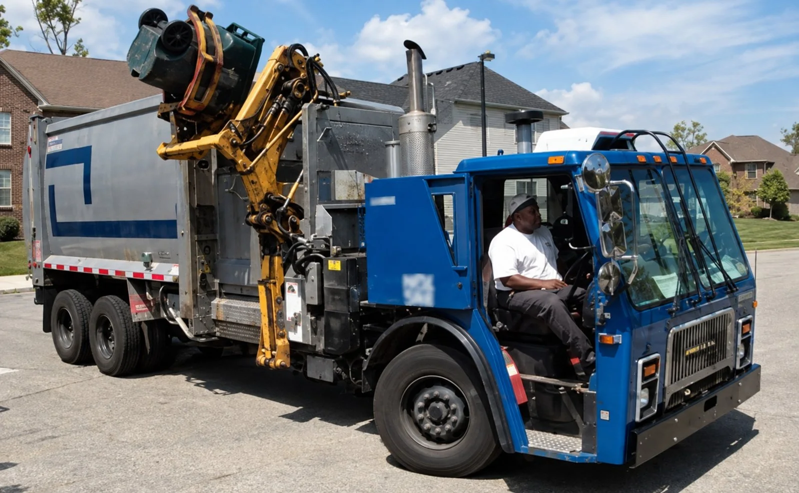 Small rear-load collection truck with automatic cart tipper, Orange County, North Carolina