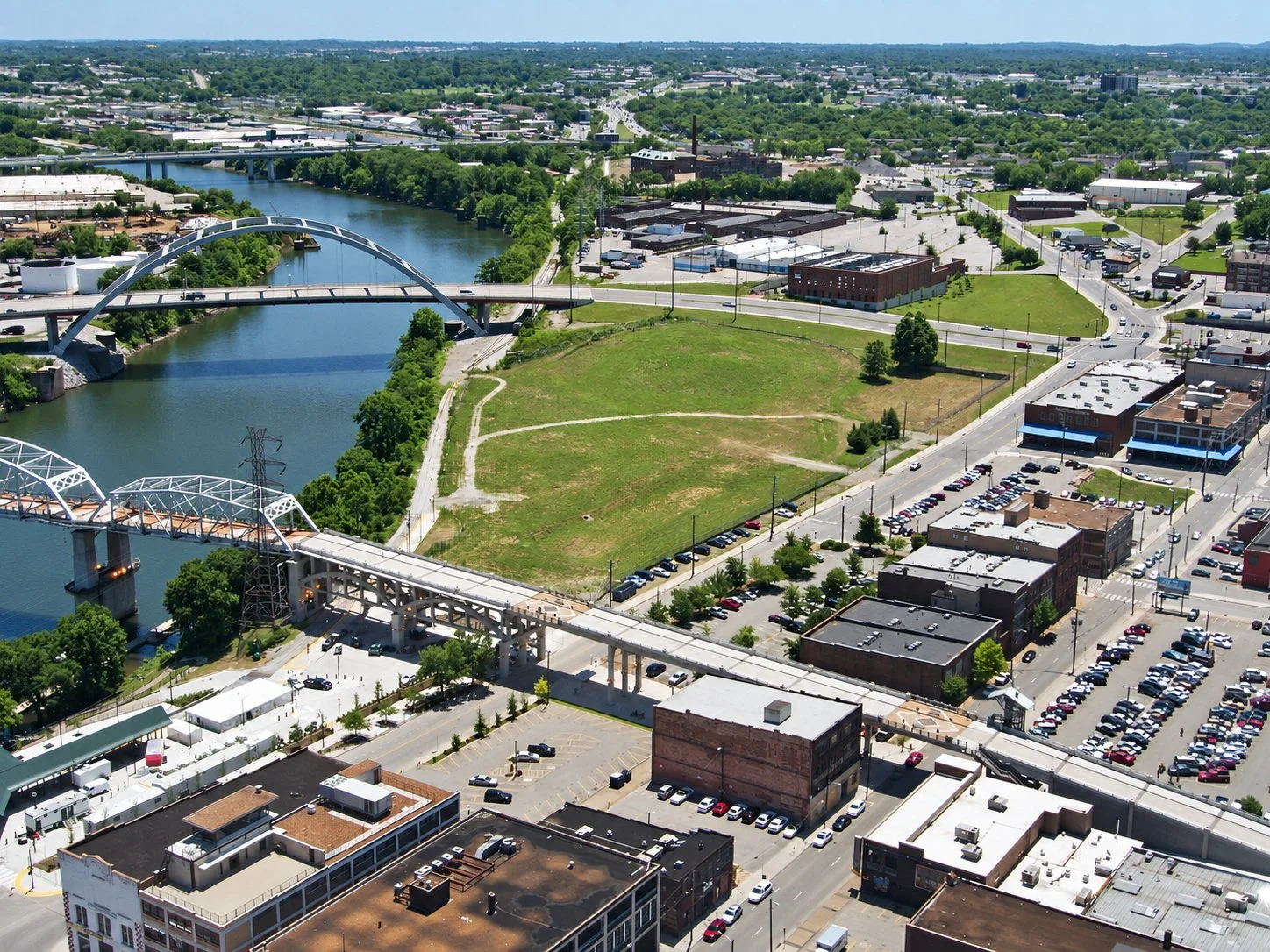Aerial view of the former Nashville Thermal plant site on the Cumberland River, Nashville, Tennessee