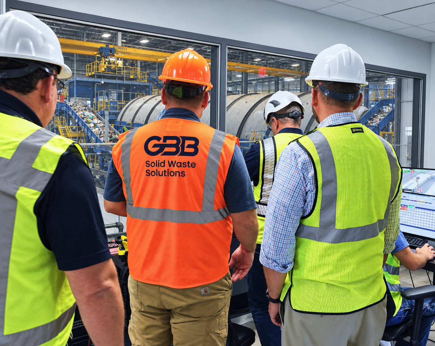 Engineers in safety vests touring a waste processing facility