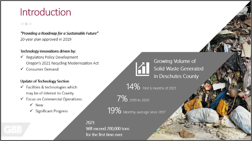 Introduction slide from GBB’s waste conversion technologies update for Deschutes County, Oregon