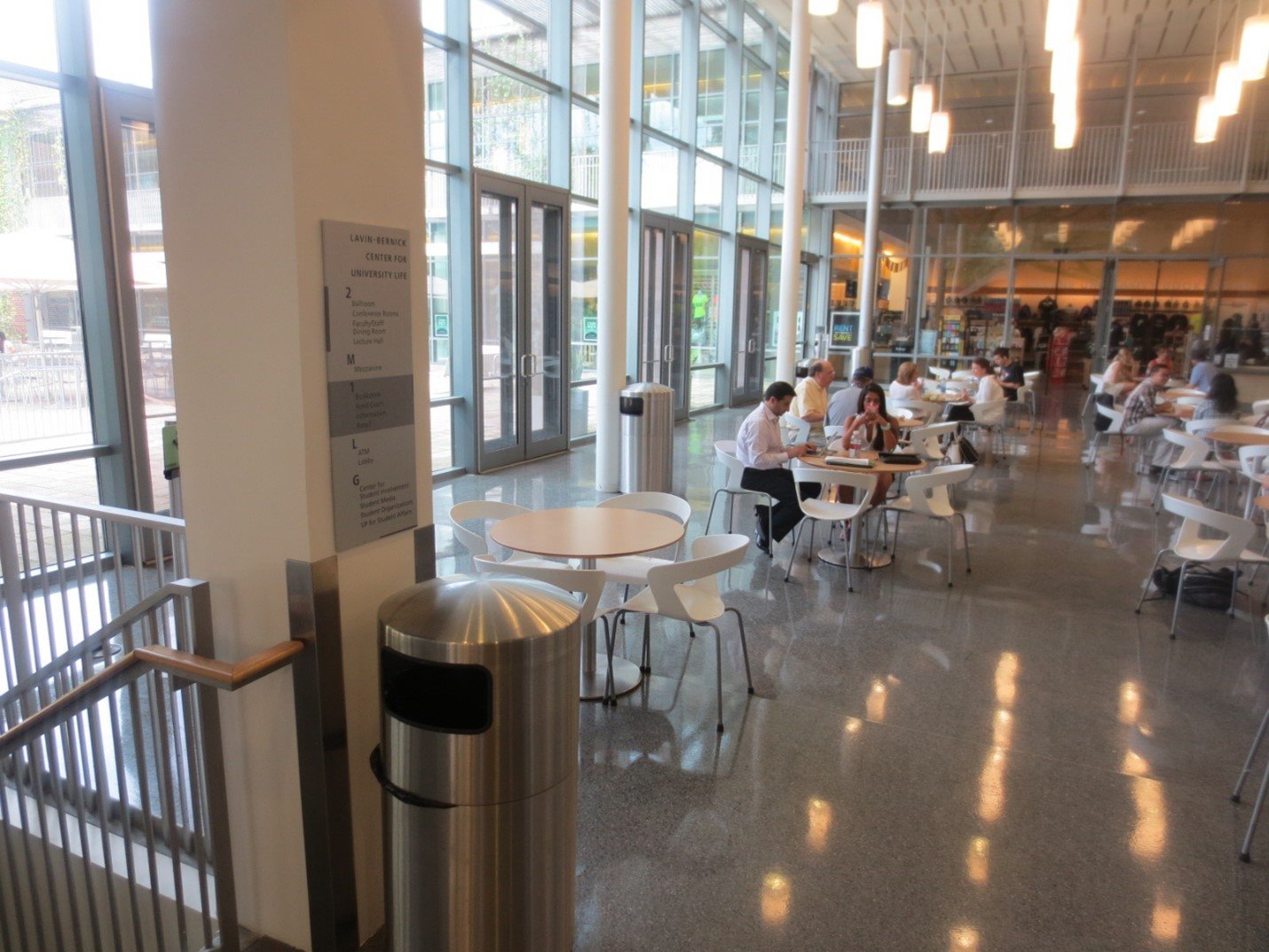 Dining area in Tulane University’s Lavin-Bernick Center for University Life, with trash and recycling receptacles