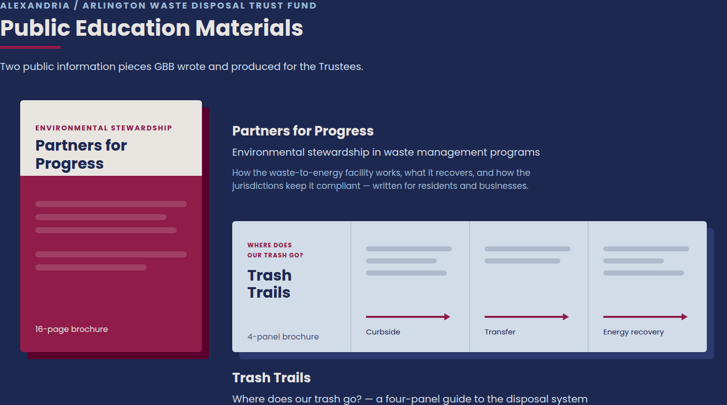 Public education materials GBB produced for the Alexandria/Arlington Trustees: the Partners for Progress brochure and the Trash Trails guide