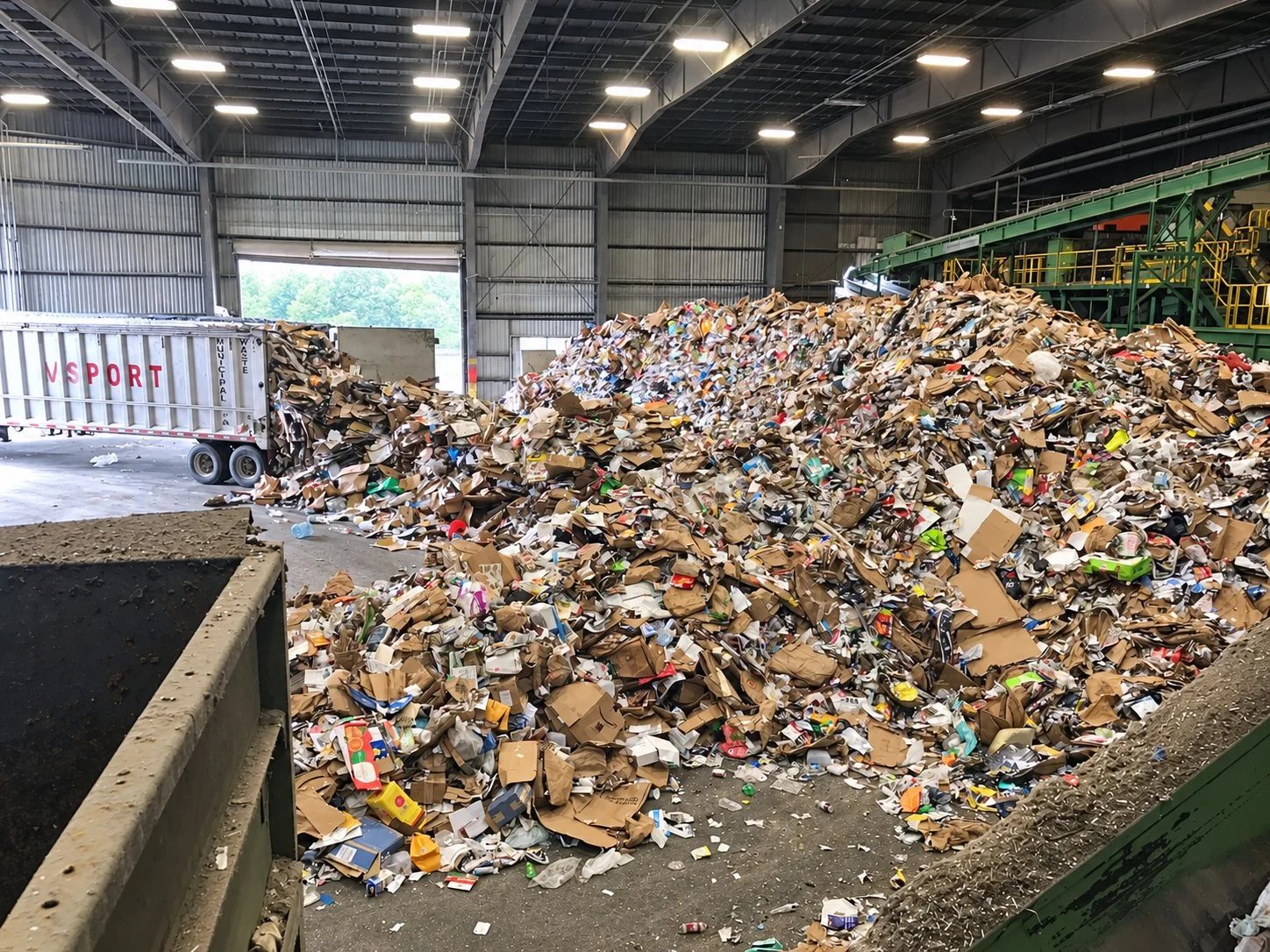 Recyclables on the tip floor at the Baltimore County Materials Recovery Facility