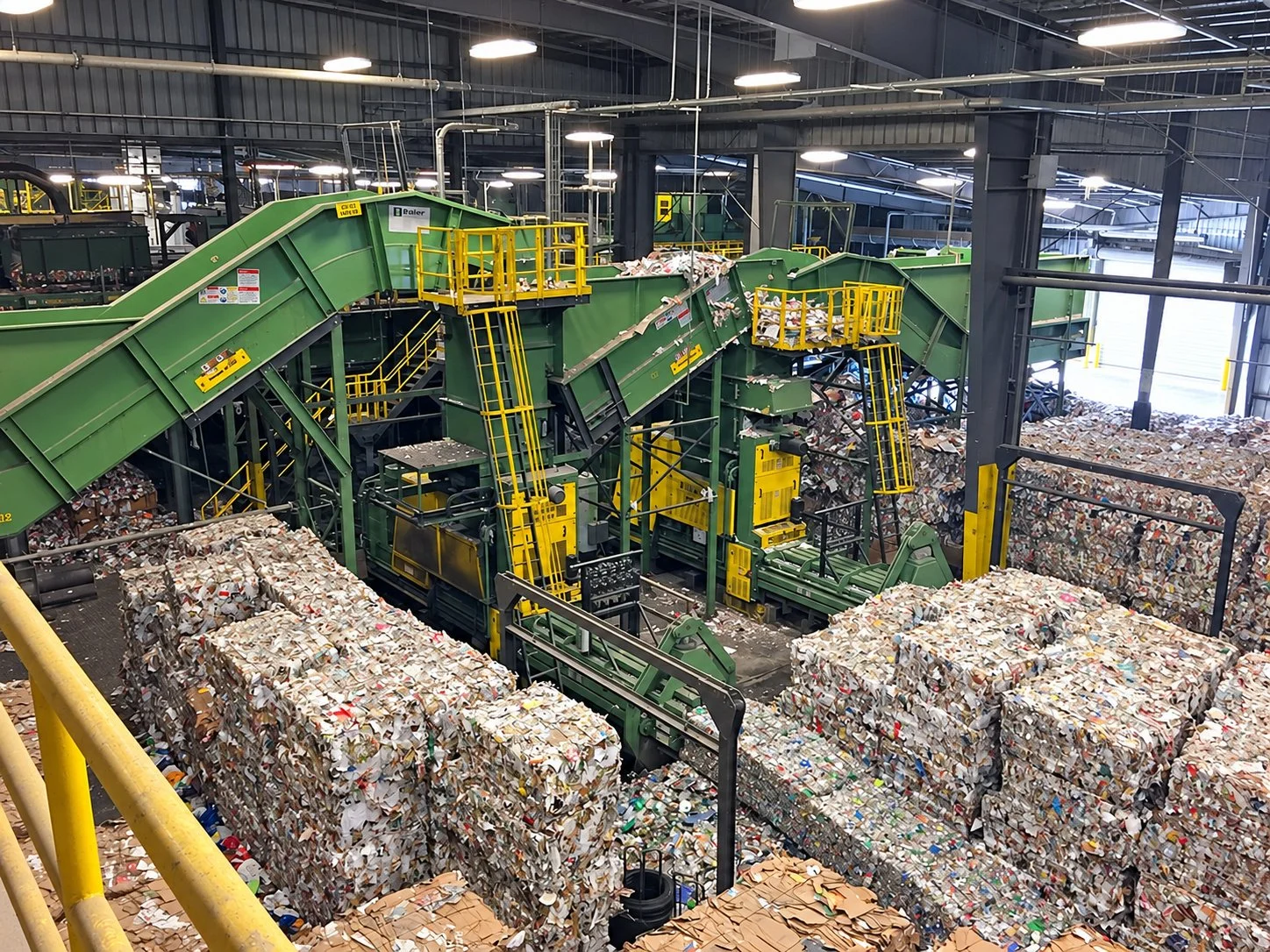 Balers, conveyors and finished bales at the Baltimore County Materials Recovery Facility