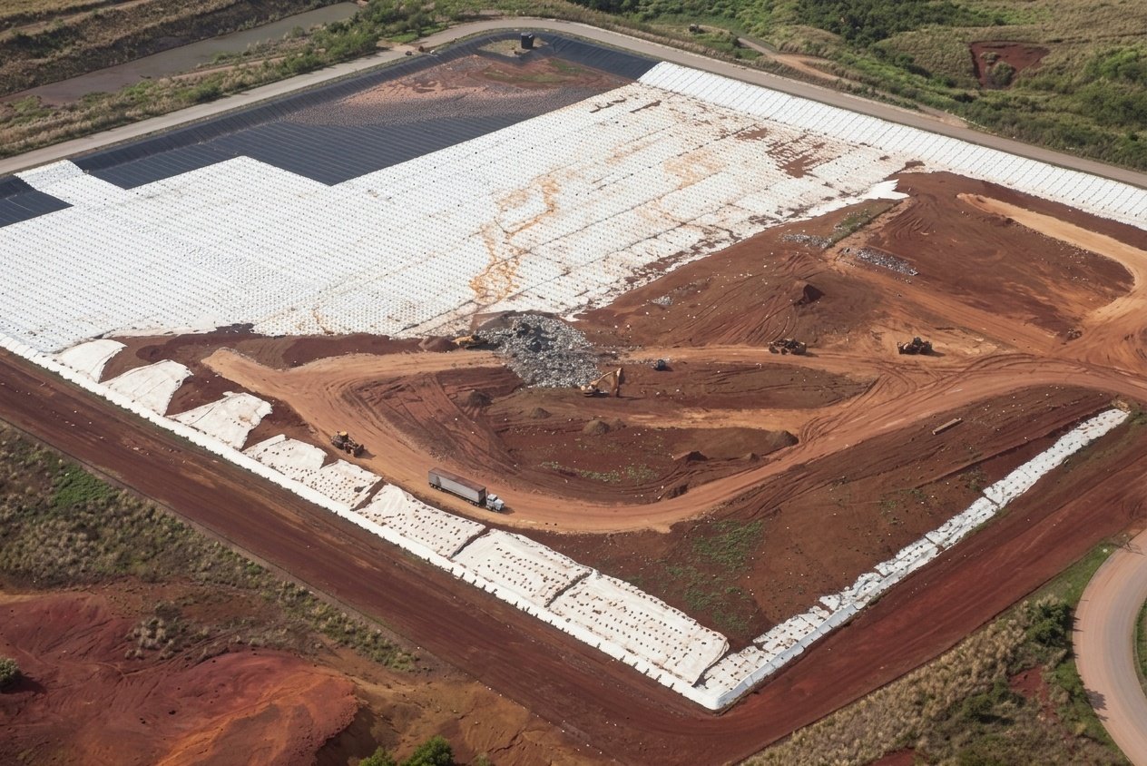 Aerial view of the new Layon landfill cell under construction in Guam, with its white geotextile liner