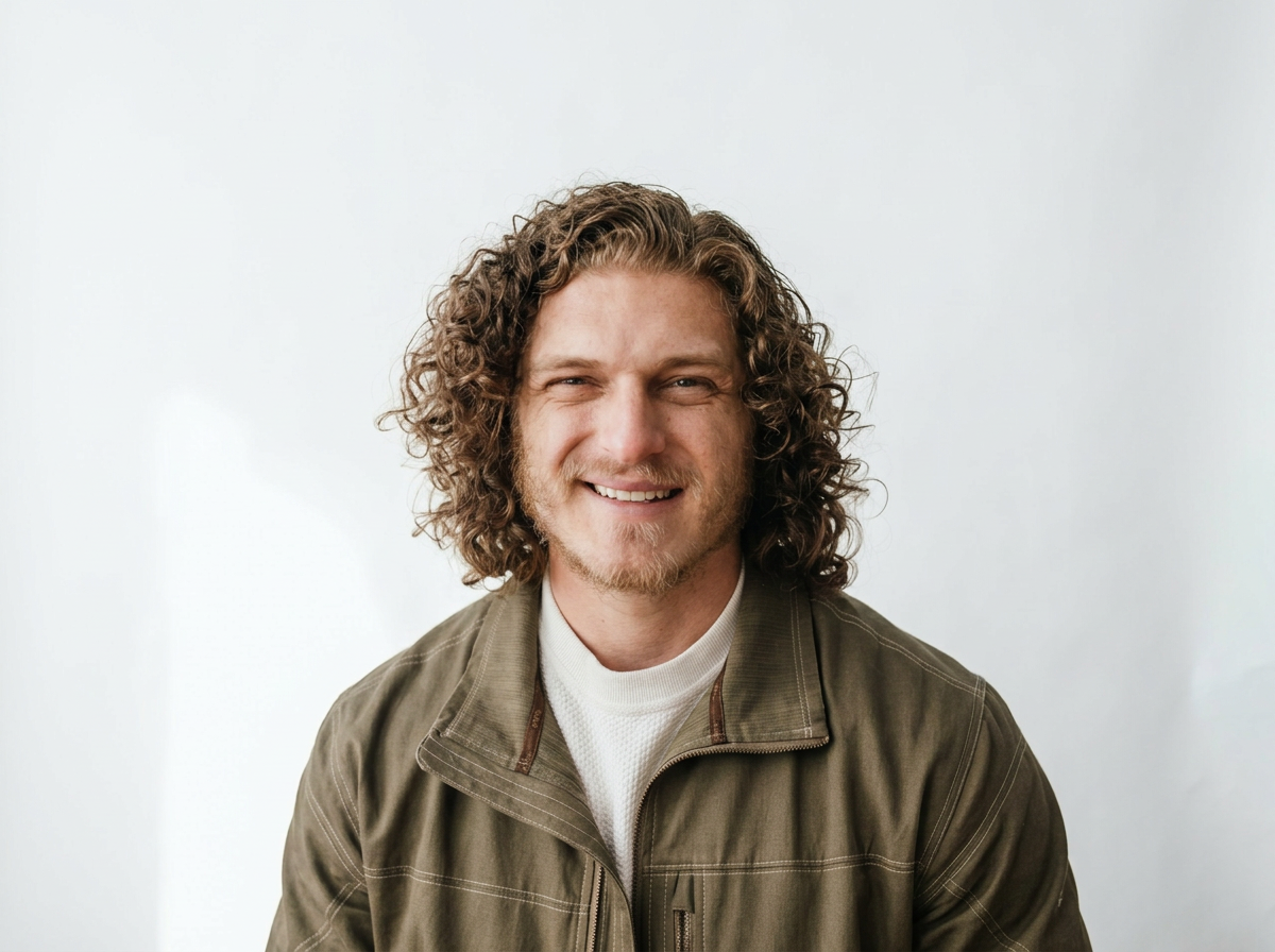 A man with long, curly brown hair and a beard smiling, wearing a green jacket over a white shirt, against a plain white background.