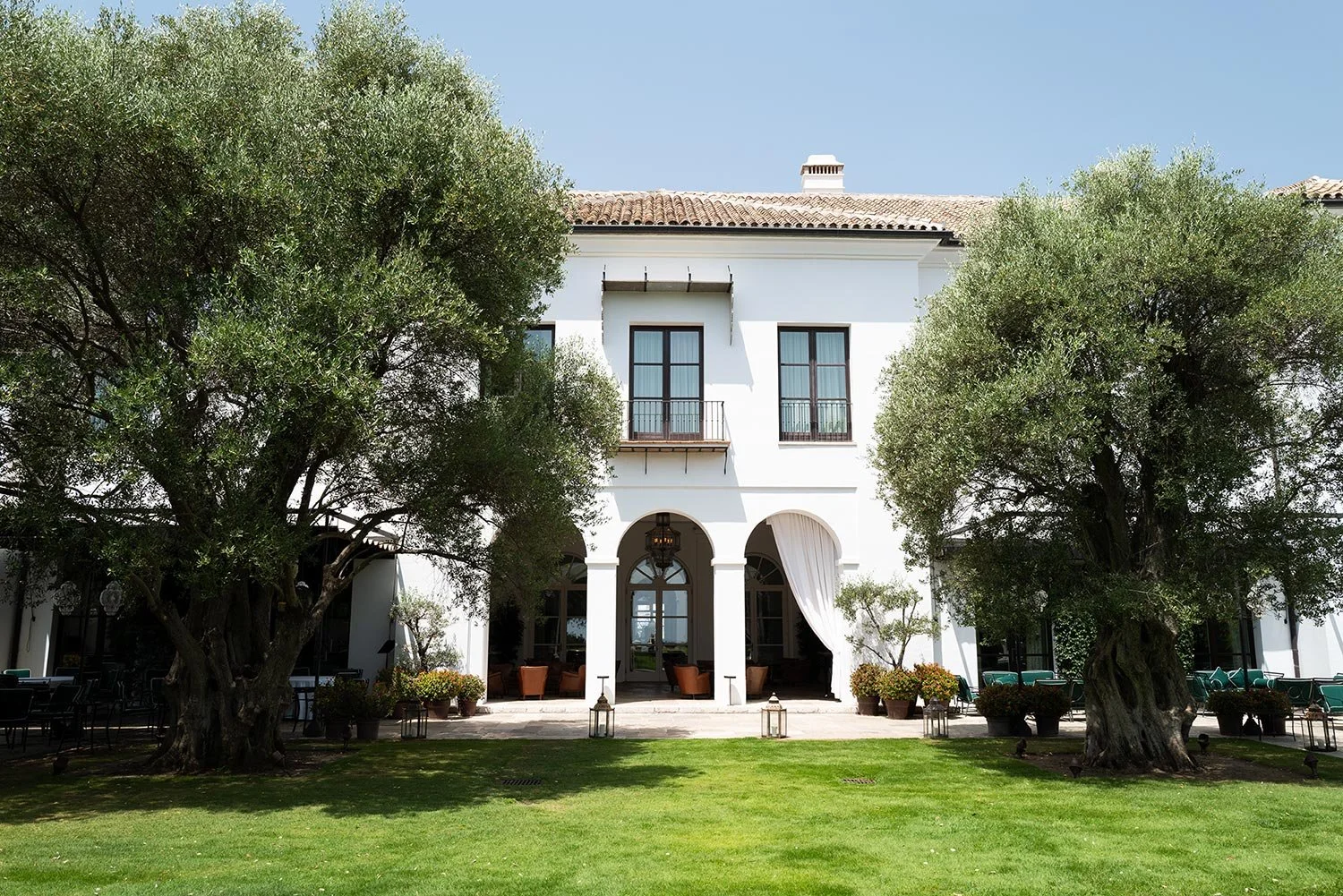 Whitewashed Finca Cortesín facade framed by mature olive trees and a green lawn.