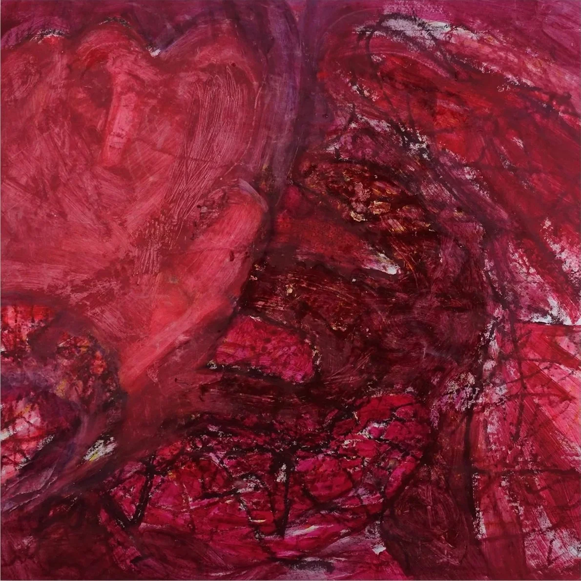 Abstract painting with dominant shades of red, pink, and black, featuring textured brushstrokes and layered colors.