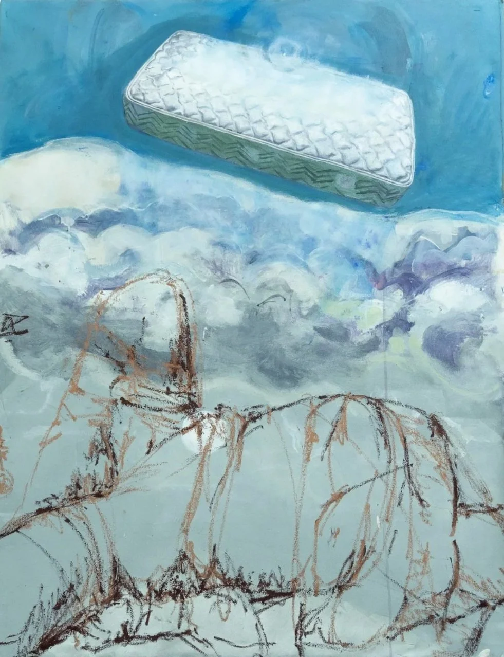 A painting of a mattress floating in the sky above cloudy clouds, with a sketch of trees and a house below.