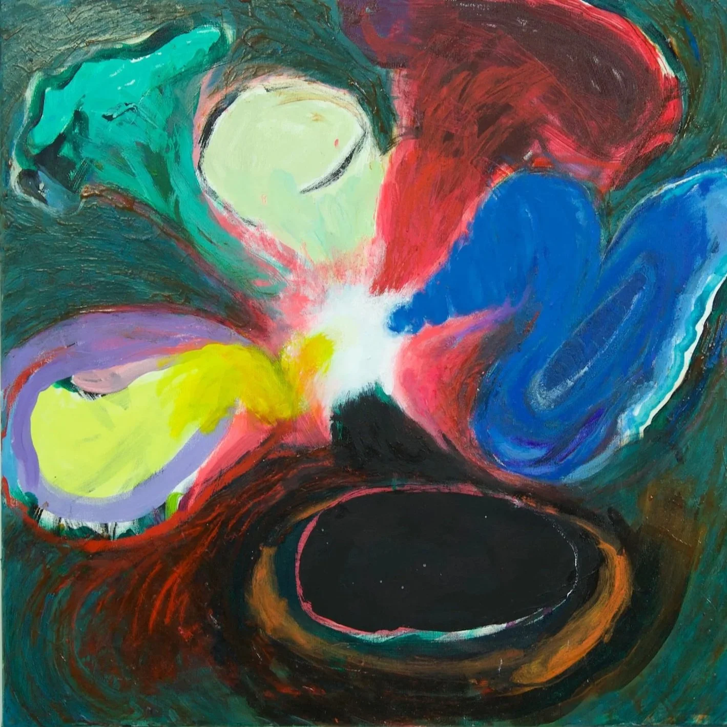 Abstract colorful painting with swirling shapes and bright hues, featuring a central black circular void surrounded by vibrant colors like blue, red, green, yellow, and purple.