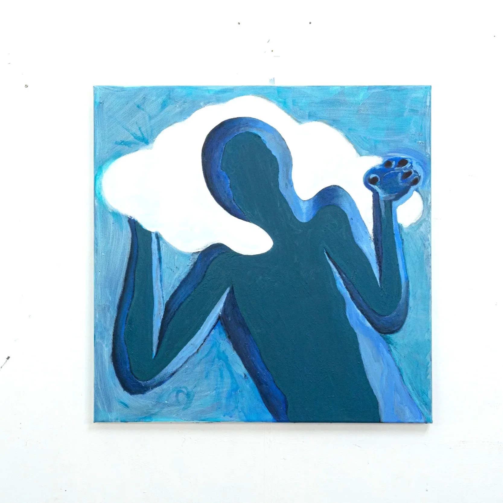 Abstract blue painting of a human figure holding a cloud.