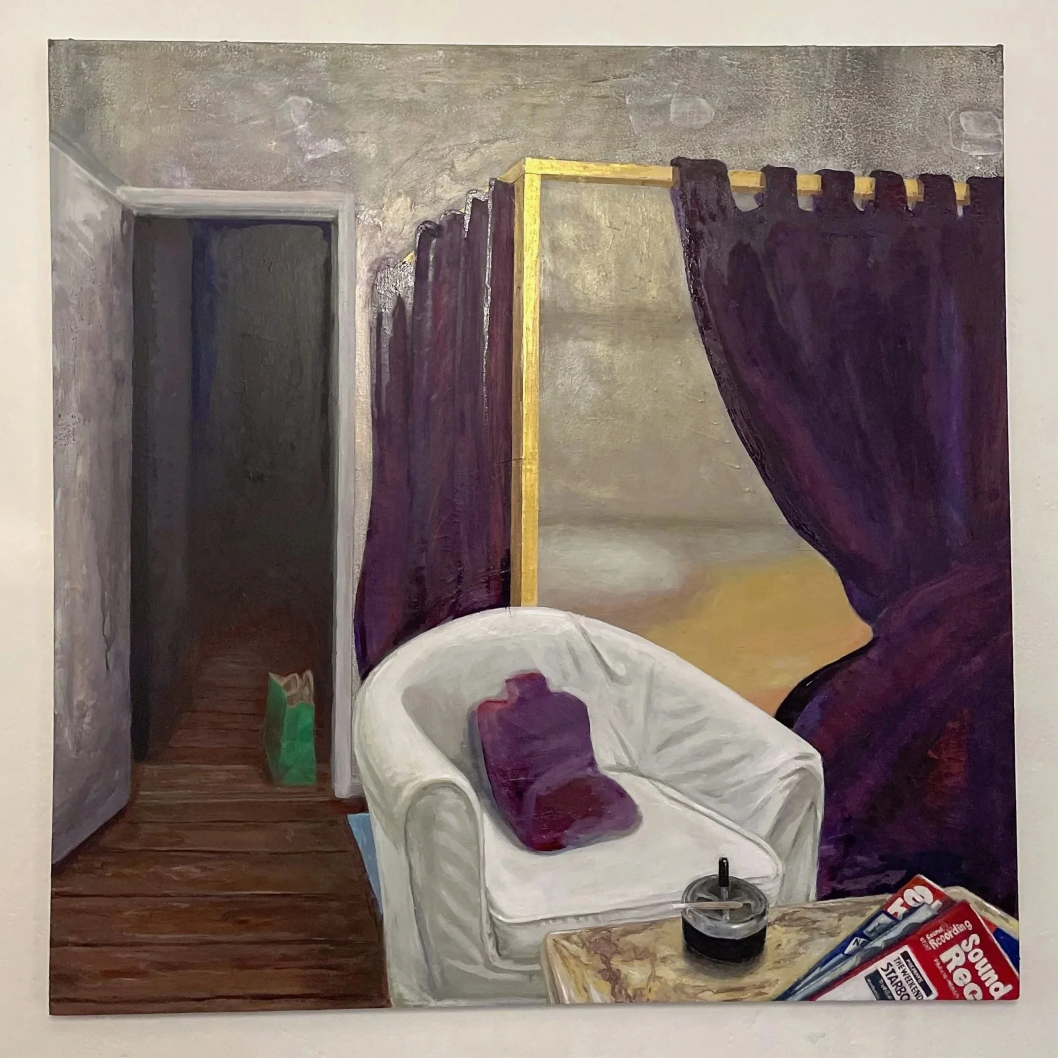 Painting of a bathroom scene with a sink, mirror, purple shower curtain, and bathroom items like a toothbrush and toothpaste.