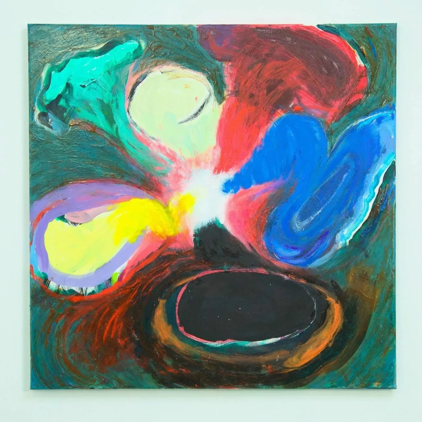 Abstract colorful painting with swirling shapes and bold brushstrokes, featuring blues, reds, yellows, and greens.