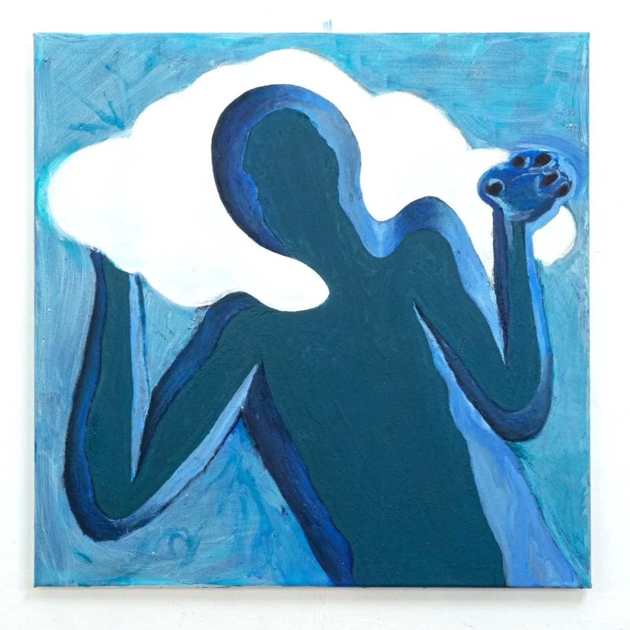 Abstract painting of a human figure with a cloud surrounding their head, holding a paw-shaped object, all in shades of blue.