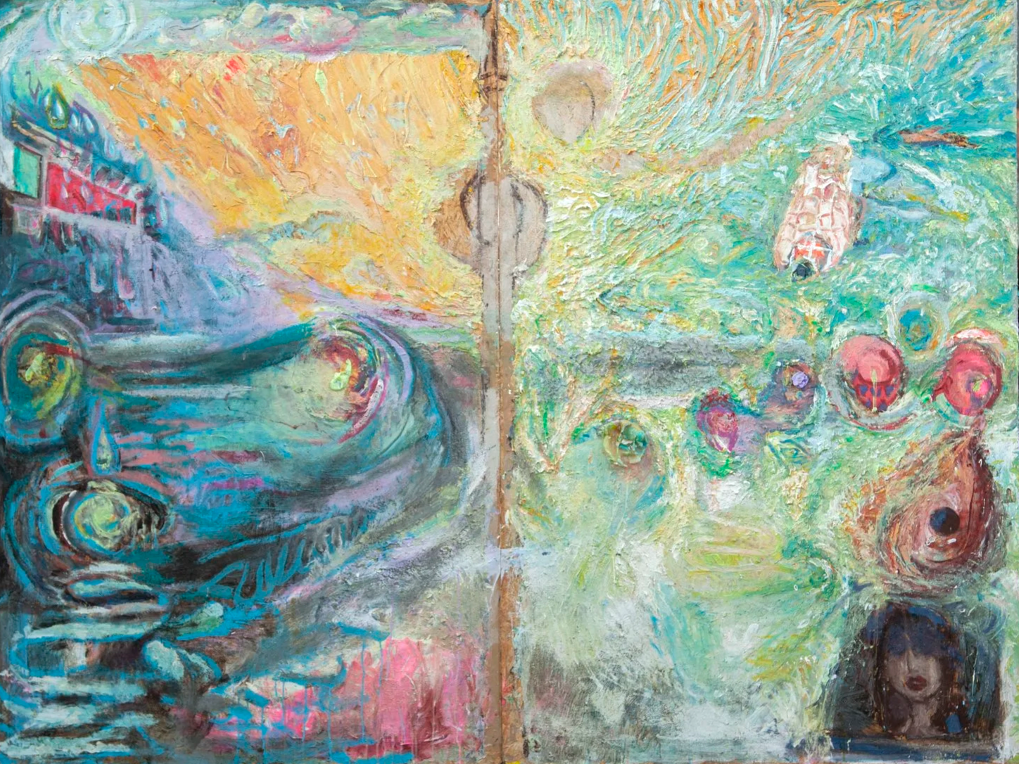 An abstract painting divided into two halves, featuring vibrant swirling colors and impressions of faces, vehicles, and urban scenes.