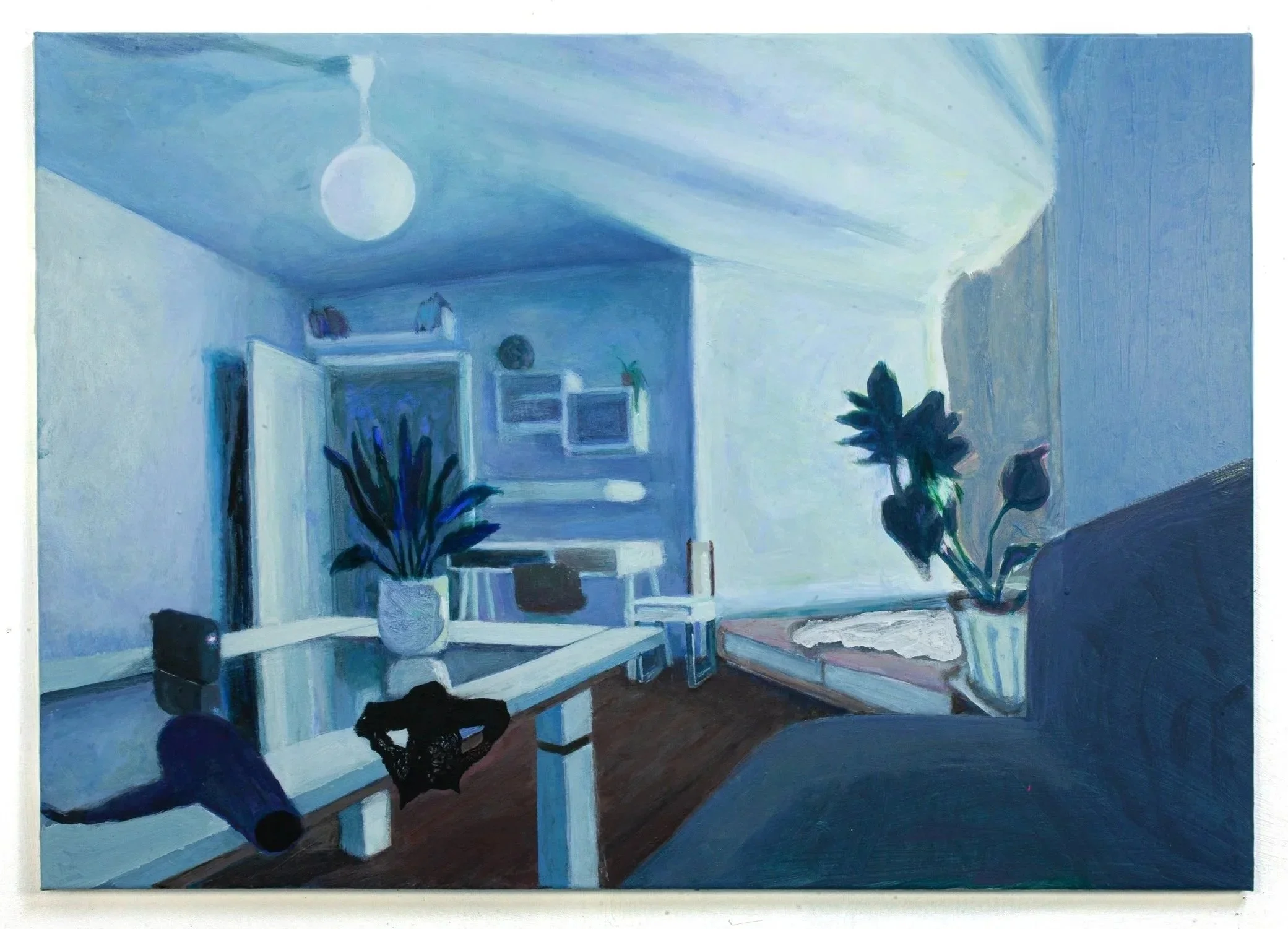 An interior room scene painted in various shades of blue, featuring a table with potted plants, shelves with books, a window, and a person sitting at the table with a cat nearby.