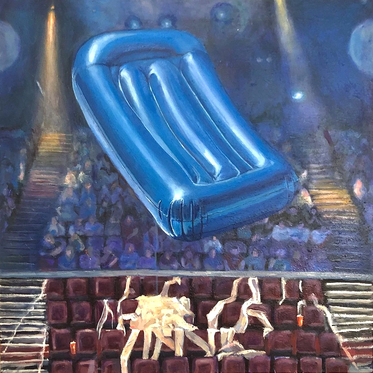 A painting of a blue inflatable pool chair on a gravel surface, with a row of empty purple seats and a small orange bottle nearby.