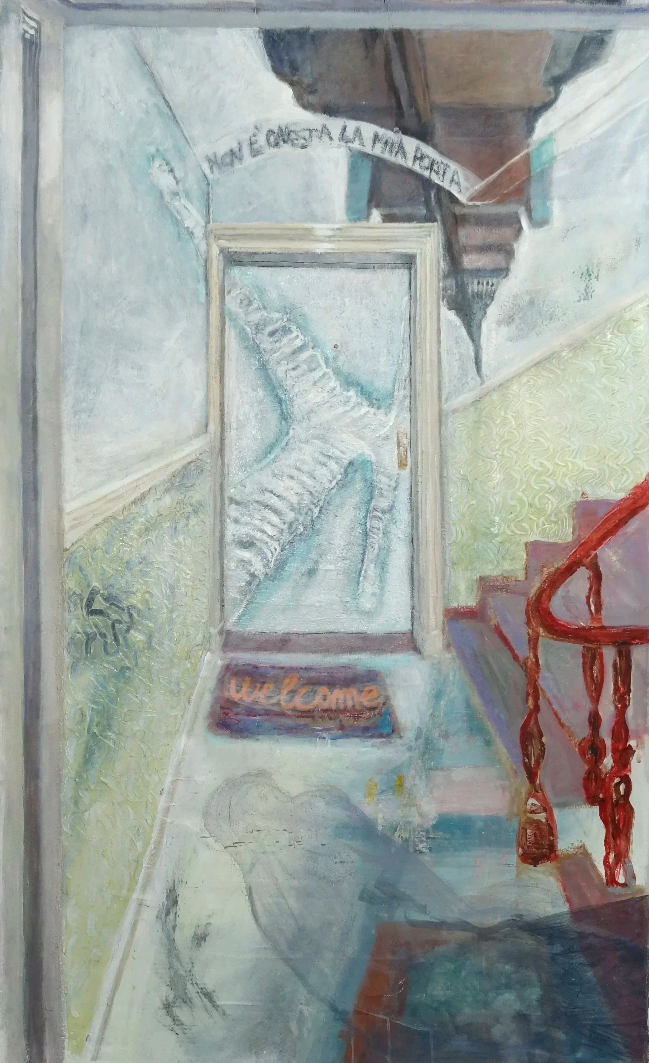 A painted hallway with a white door, a red staircase, a welcome mat, and a message on the wall that says 'Now is a good time to make a move'.