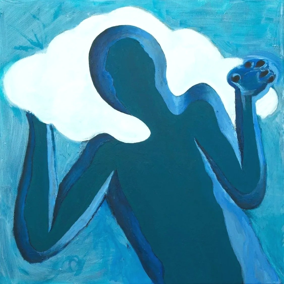 A stylized painting of a woman with blue skin holding a paint palette, with a large white cloud in the background.