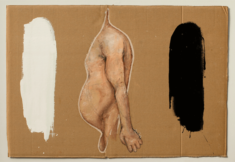 Mixed media artwork featuring a nude depiction of a man’s torso, with two paint strokes, one white and one black, on a cardboard background.