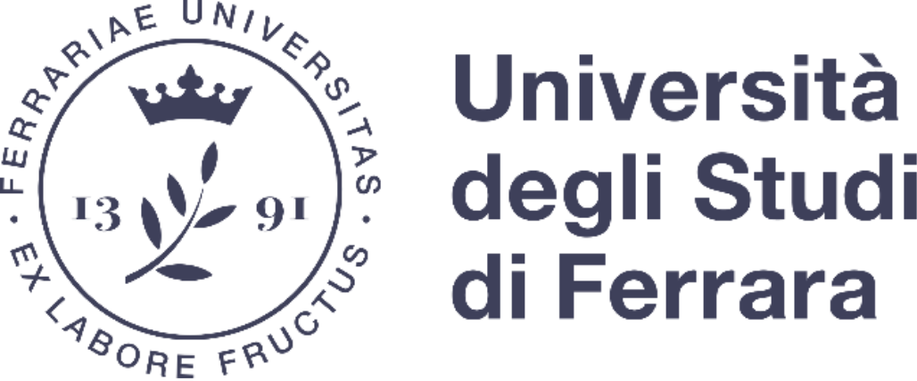 Logo of the University of Ferrara featuring a flower with a crown, the year 1391, and Italian text "Università degli Studi di Ferrara".