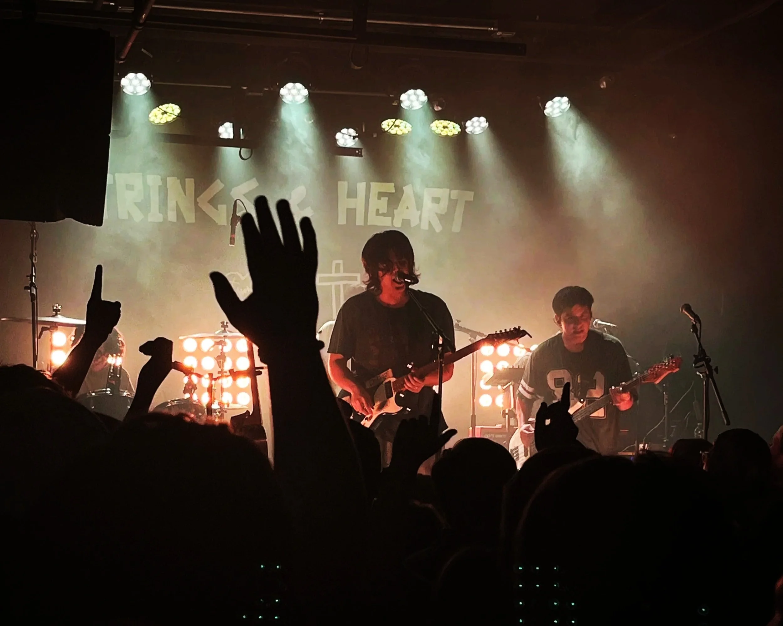 Concert scene with band performing on stage, silhouetted audience with raised hands, stage lights shining down, and the partial phrase 'STRINGS & HEART' visible in the background.