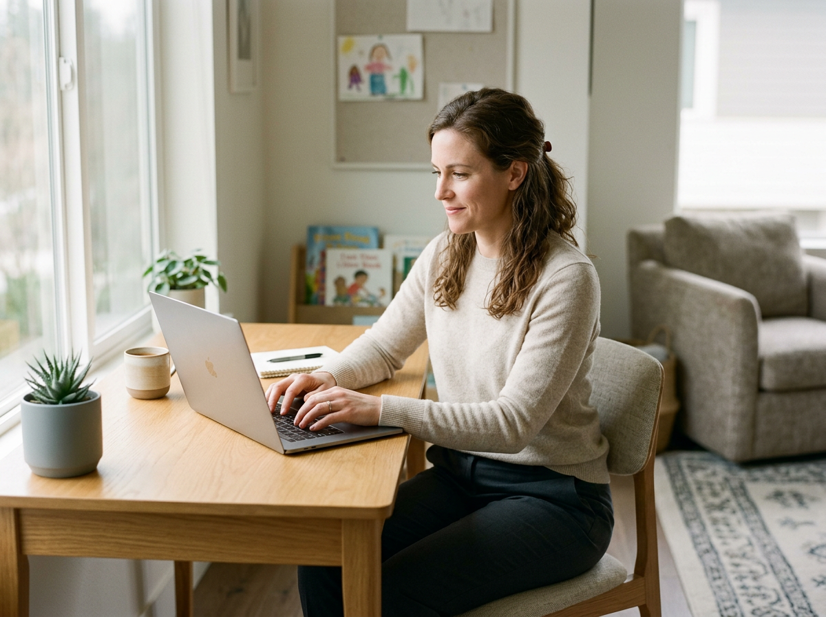 Mom working from home on a laptop in a bright, comfortable home workspace.