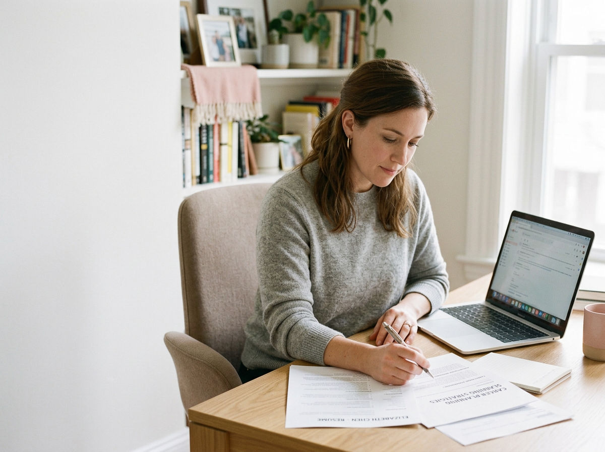 Mom working from home at a desk with her laptop, notes. and paperwork