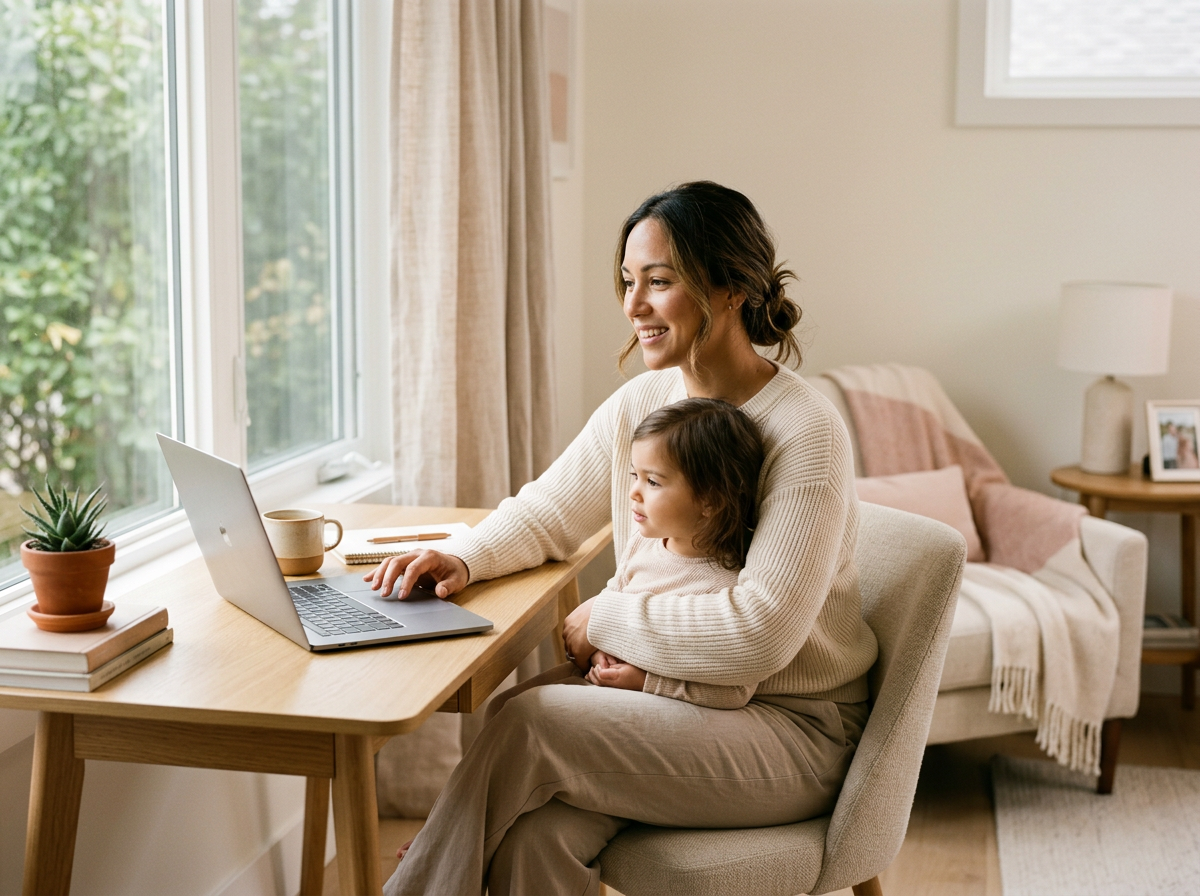 Mom working at a computer with her child on her lap in a comfortable home workspace.