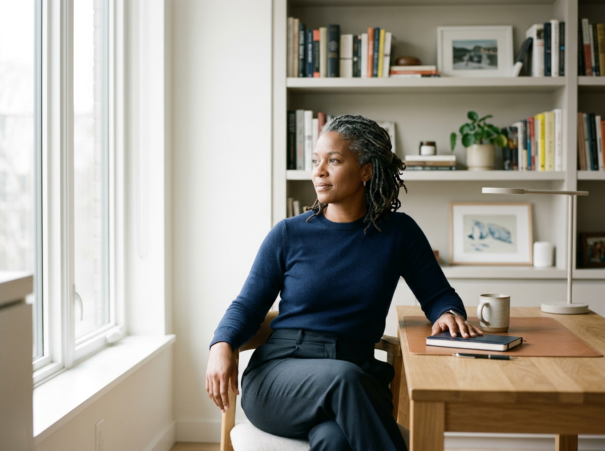 Mom working from home in a quiet workspace near a window with bookshelves in the background.