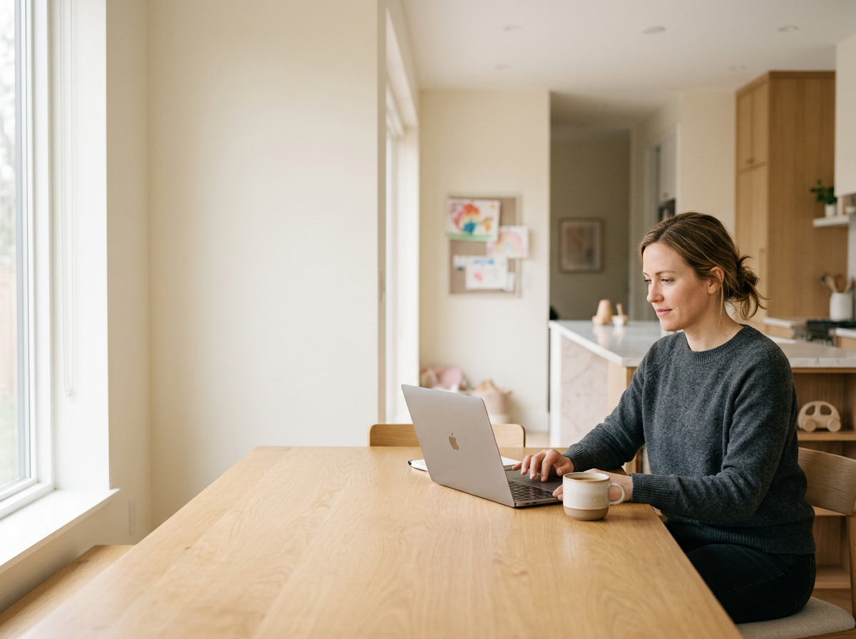 Mom working remotely on a laptop at a dining table in a bright home.