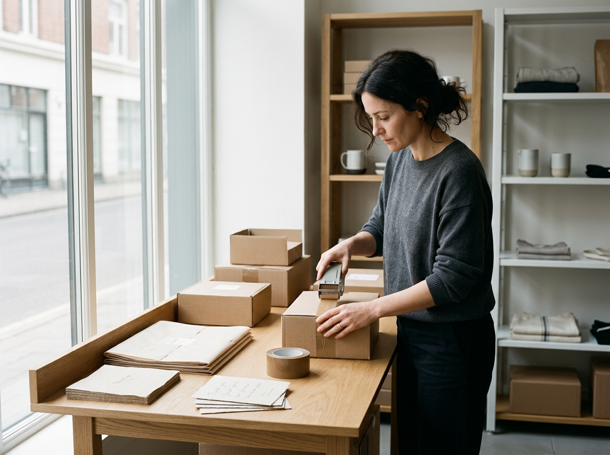 Mom running a small business from home while preparing and packing customer orders.